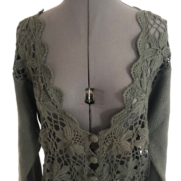 OBR Olive Green Crochet Front Vintage Cardigan Size M - Picture 2 of 6